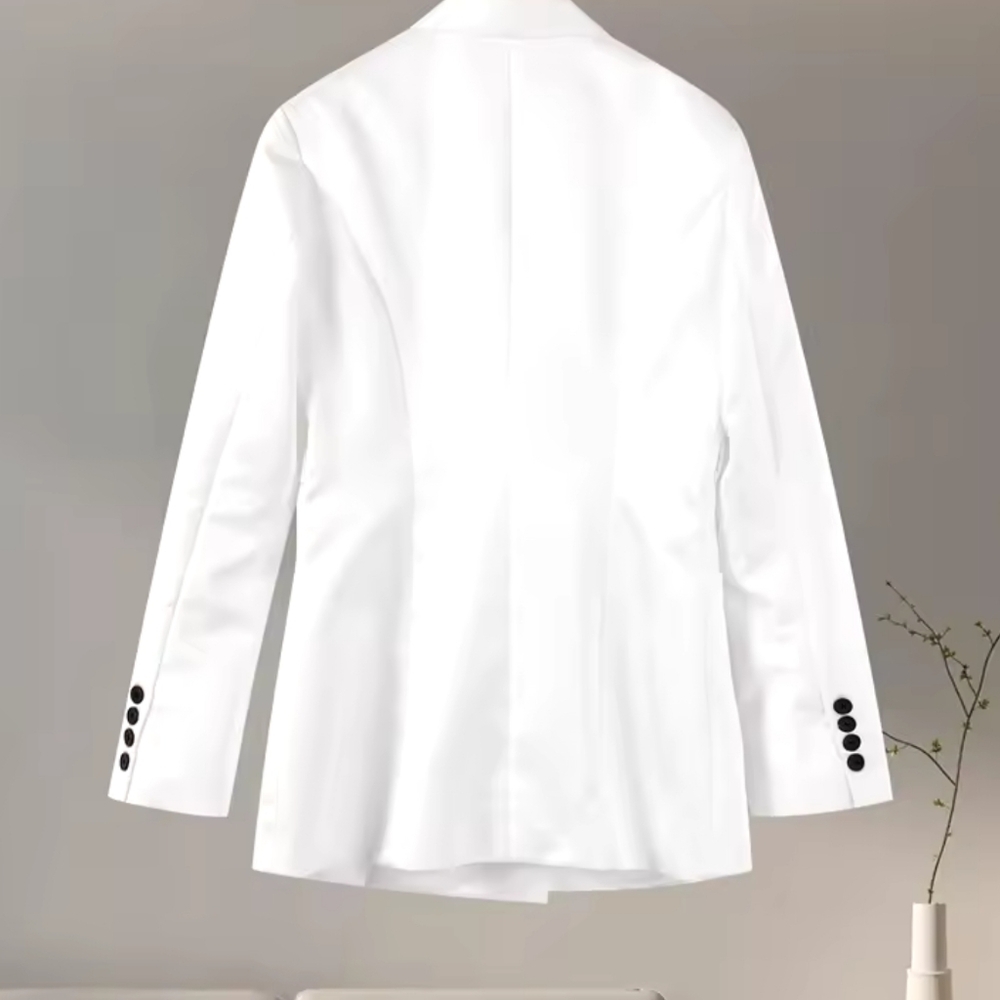 White Stand Collar Jacket Coat Double Pocket Elegant Socialite Women Cuff Button - Picture 10 of 15